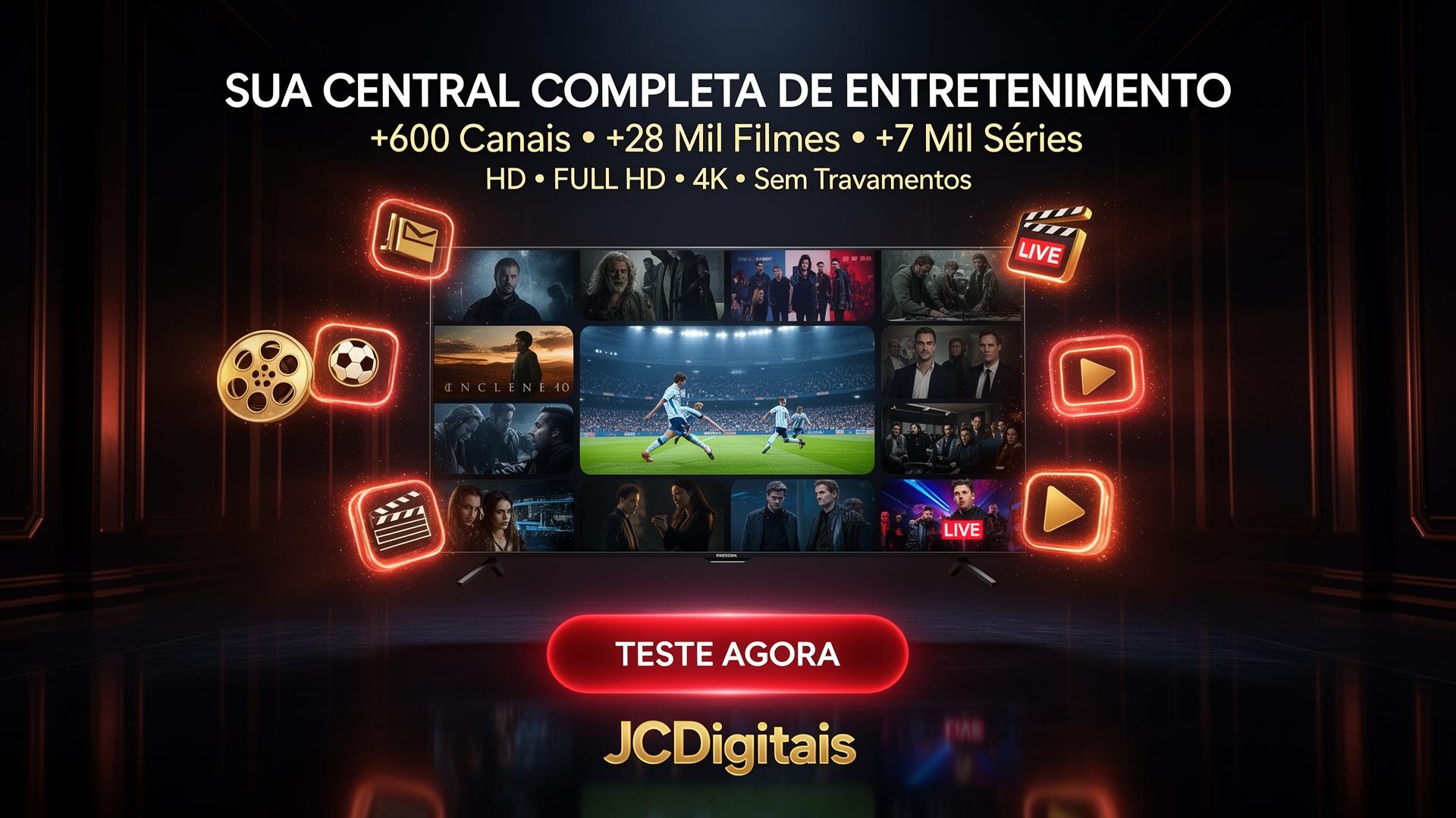 Smart TV exibindo filmes, séries e esportes em 4K com a interface JCDigitais
